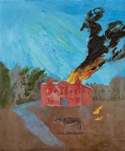 The Roof Is On Fire, 2023, Oil On Board, 20x16,5cm.